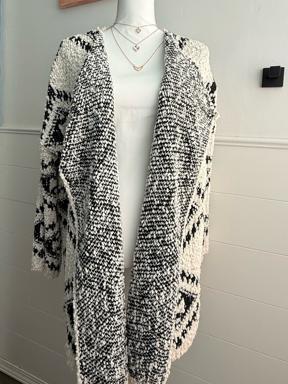 POL L Black Cream Aztec Boucle Oversized Cardigan Sweater